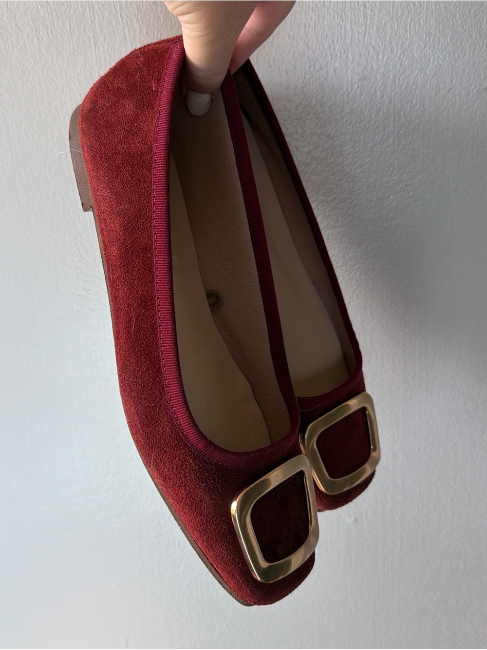 Women’s Burgundy Suede Flats with Gold Buckle